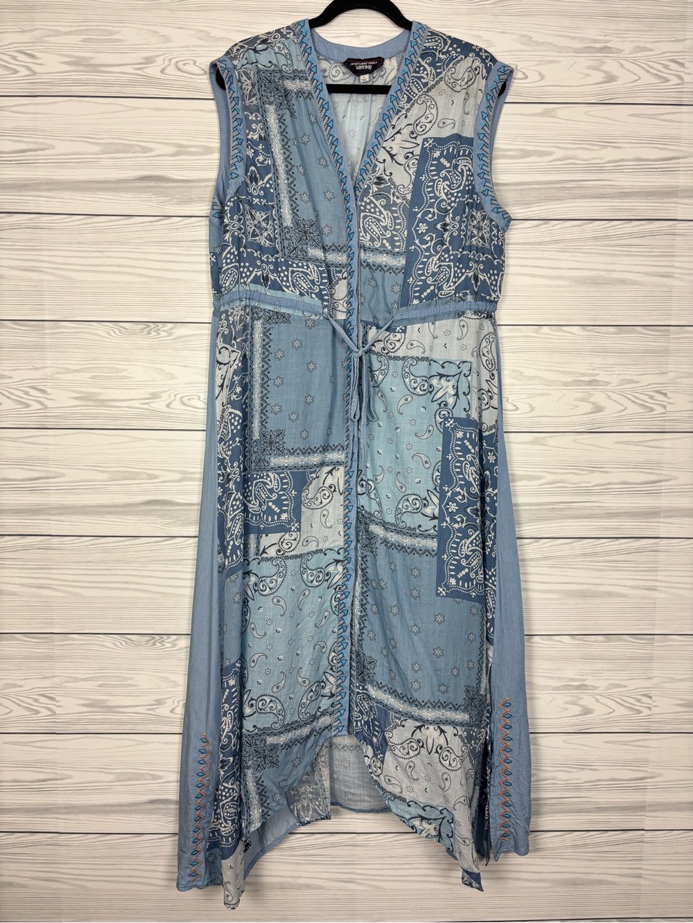 Johnny Was Workshop Blue patchwork belted dress size XL